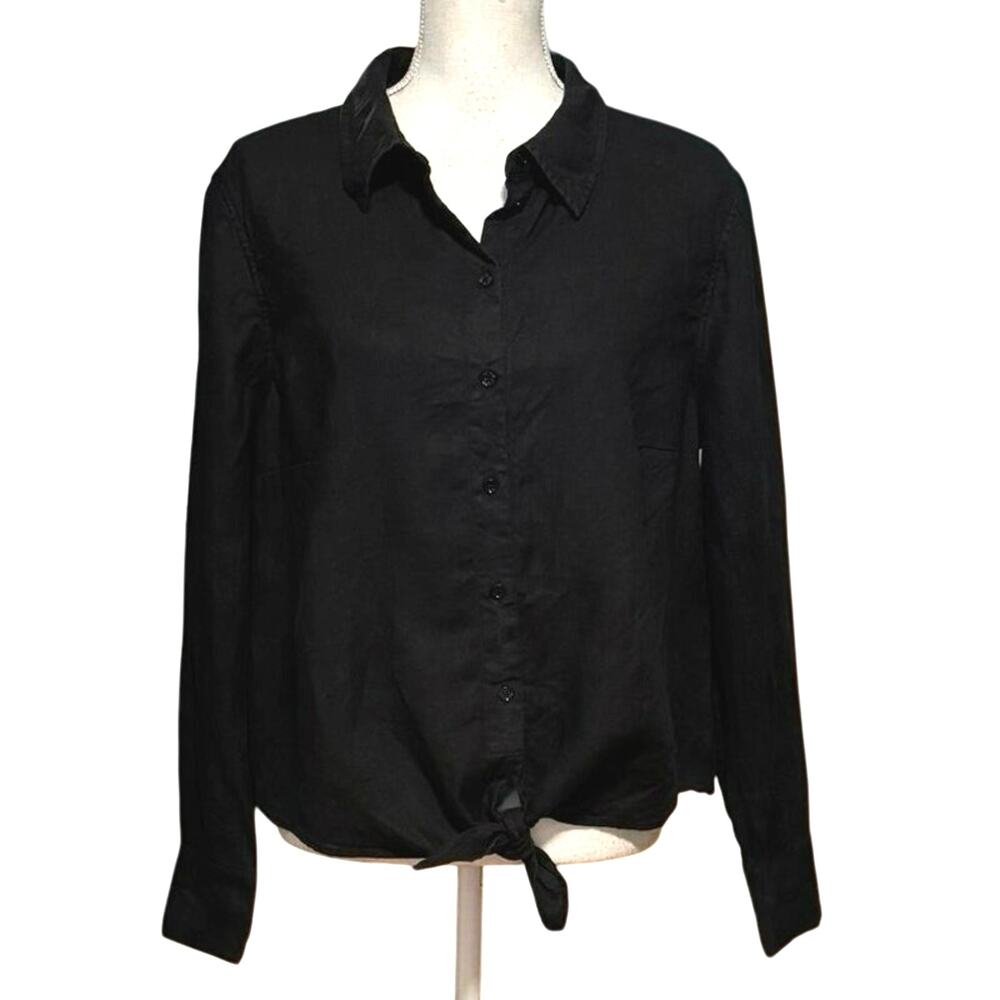 Pure Collection Size L 100% Linen Button Up Shirt Long Sleeves Tie Front Black